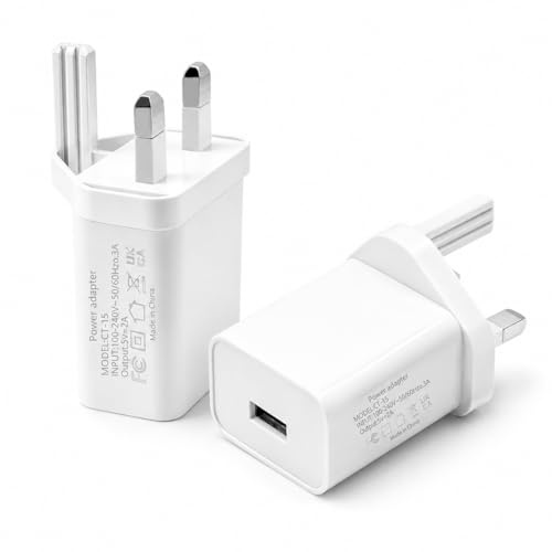 2 Pack USB Plug Adapter UK 5V 2A 10W Wall Charger Single Port | 3 Pin Mains Plug Charger for Smartphones Tablets Speakers USB Fans Mirror Lights, Compact Power Adapter for Home Travel