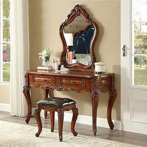 KIBONCY Schminktisch aus massivem Holz, Vintage-Schminktisch mit Stauraum for das Schlafzimmer, Kleiner im europäischen Stil geschnitzten Details, kompakter Schreibtisch