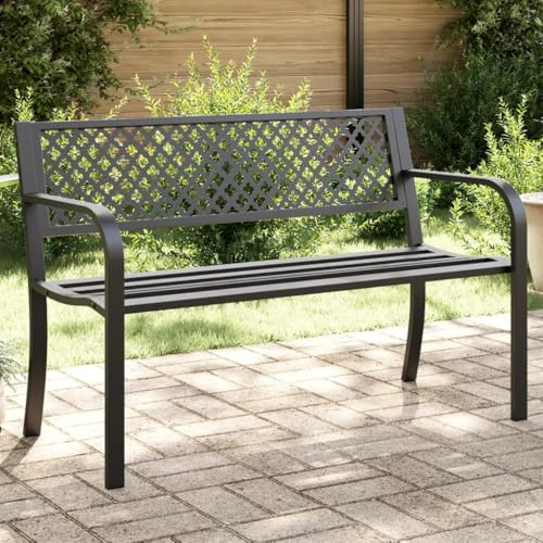 KPOUTRFG Gartenbank mit Armlehnen aus Stahl in Schwarz, Gartenbank Stahl schwarz 119 cm für Terrasse und Garten mit zeitlosem Design