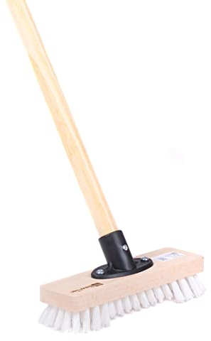 BawiTec Schrubber mit Bart/Borstenrand, Schrubberbürste 22cm Breit/Lang, Scheuerbürste mit Stiel Holzstiel, weiße Kunststoff-Borsten, QuickFix-Stielhalterung, Schrubberbesen, Bodenschrubber