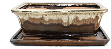 Exotenherz - Bonsai-Schale mit Unterteller Gr. 4 - braun/beige - rechteckig - Modell G93 - L 25,5cm - B 20cm - H 9cm