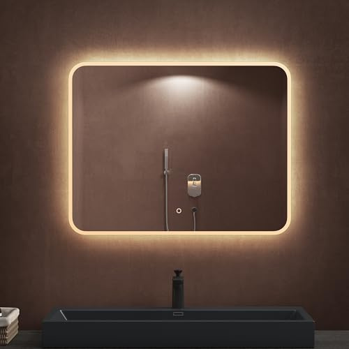 dopporo LED Badspiegel 90x70cm runden Ecken Wandspiegel Memory | Badzimmerspiegel mit Beleuchtung Spiegel mit Touch Schalter Antibeschlag Funktion Energiesparende Licht, LED-Spiegel-03