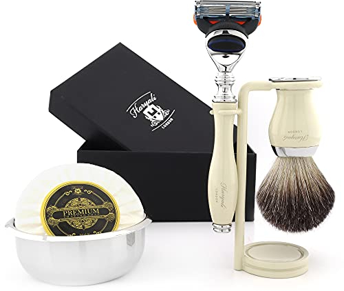 Haryali London Kit de afeitado para hombre, 5 piezas, maquinilla de afeitar de 5 bordes, cepillo de pelo de tejón negro, cuenco, jabón y soporte, juego perfecto para hombres