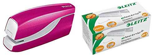 Leitz 55661023 Elektrisches Heftgerät (10 Blatt, Metall mit Kunststoffelementen, Inkl. Heftklammern, Wow) pink metallic & Heftklammer e1, 2500 Stück