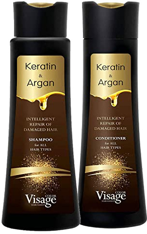 Visage Shampoo 250 ml + Conditioner 250 ml mit biomimetischem Keratin & Arganöl | Feuchtigkeitsspendend und pflegend | Tiefenfeuchtigkeit | Intelligente Reparatur von geschädigtem Haar