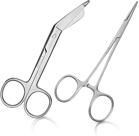 May Set aus 1x Erste-Hilfe-Schere 11,5 cm lang aus Edelstahl + 1x Klemme mit gerader und geriefter Spitze 12,5 cm lang aus Edelstahl