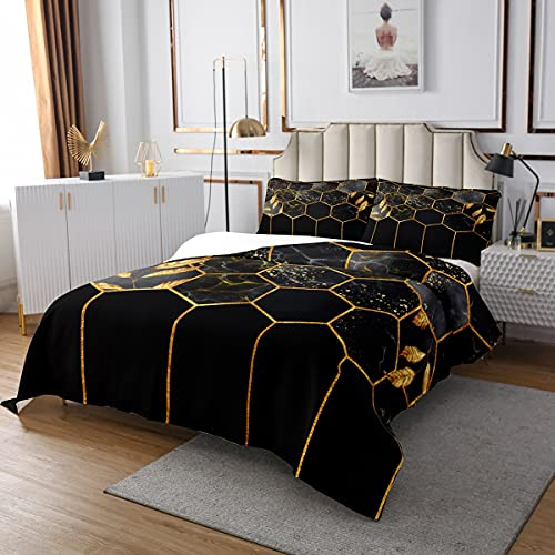 Marmor Tagesdecke Set 240x260, Schwarz Grau Geometrisches Gold Plaid Bettwäsche Set, Modernes Luxus Diamant Quilt Set mit Metallic Stripe Printed Bienenstock Hexagon Grid Coverlet Set, Honeycomb