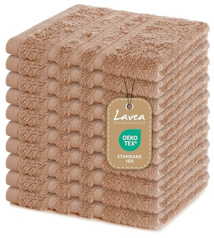 Lavea Lot de 10 Serviettes de Toilette 30 x 30 cm – Serviettes d'invité de qualité supérieure 30 x 30 cm en 100% Coton, série éponge Elena – Absorbantes, lavables et résistantes – Cappuccino