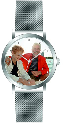 memories Uhr mit Foto Damen Ø36mm personalisiertes Geschenk Meshband Silber Stahlboden