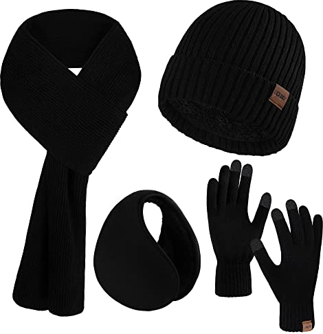 Aneco Wintermützen-Set für Herren, 4-teilig, Strickhandschuh, Schal, Beanie-Mütze, Ohrenschützer-Set für Männer und Frauen, Schwarz