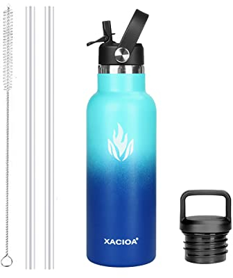 XACIOA Trinkflasche Edelstahl - 500ml, 750ml, 1l, Auslaufsicher Thermoskanne mit Strohhalm, BPA-Frei Spülmaschinenfest Isolierflasche für Erwachsene,doppelwandig Thermosflasche für Sport,Fitness,Gym