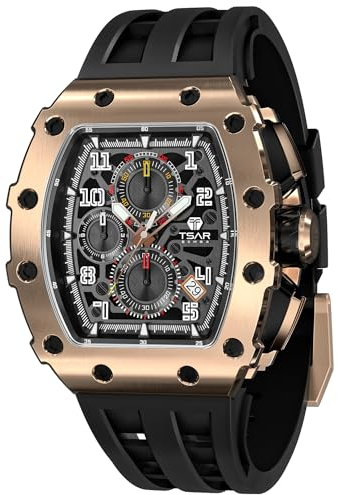 TSAR BOMBA Herren Uhr Tonneau Chronograph 50M Wasserdichter Luxus Skelett Daydate Armbanduhr Stilvolles Cool Tauchen Sport Männer Uhren Japanisches Quarzwerk Saphirglas Geschenk für Männer