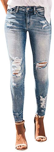 KKPW Damen Stretch Jeans Slim Zerrissene Hose mit Sichtbarer Knopfleiste Elegant Hohe Taille Skinny Hosen Streetwear Mode Stretchy Jeanshosen,Blau,S