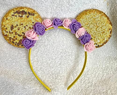 Minnie Mouse Gold sequence glitter Pink floral ears headband Halloween for kids and adult