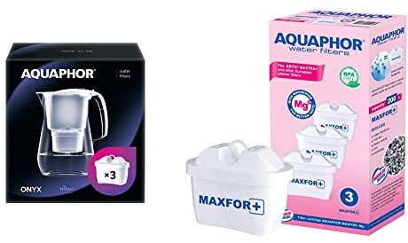 Aquaphor Wasserfilter Onyx weiß inkl. 3 MAXFOR+ Filterkartuschen & 500734 Filterkartusche MAXFOR+ Mg Pack 3 - gegen Kalk & Chlor, mit Magnesium, für Aquaphor Onyx, Amethyst, Jasper