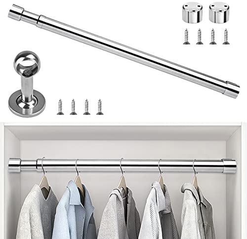 XAVSWRDE 82-152cm Extendable Stainless Steel Wardrobe Rail Adjustable Clothes Rail Pole 25mm Heavy Duty Wardrobe Rod Clothing Hanging Rod with End Sockets & Screw for Wardrobes Shower Balcony Windows
