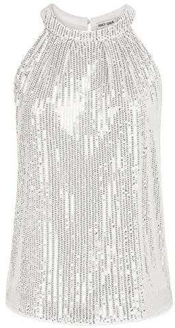 Damen Pailletten Rundhals Bluse T-Shirt Ärmellose Tank Tops Casual Oberteile Silber Weiß L CL1792A22-11