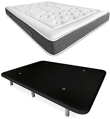 DUÉRMETE ONLINE Schwarzes Komplettbett mit viskoelastischer Matratze Bio Nature + verstärkter Bodenpolster, Farbe 6 Beine, Holz, 90 x 190 cm