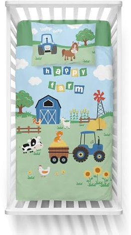Pullmer Kinderbettwäsche aus 100% Baumwolle, Babybettwäsche, zweiseitiges Wendedesign, Motiv-Bettwäsche 2-teiliges Set - 1x Bettdeckenbezug und 1x Kissenbezug (Blau Happy Farm, 90 x 120 cm)