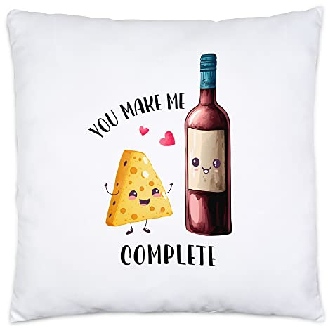 Hey!Print You Complete Me Kissen inkl Füllung Wein Käse Valentinstag Freundin Freund Süß Geschenkidee Paar Liebe