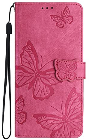 MOTIKO Butterfly Wallet Case fit for Samsung Galaxy J3 2017 | Skin Feel PU Leather Magnetic Flip Case | Built-in Kickstand Card Holder Phone Cover | Rose Red