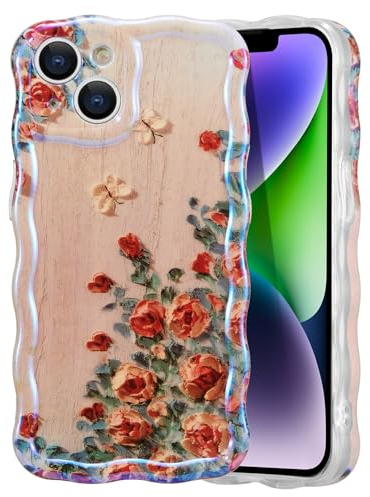 EYZUTAK Hülle für iPhone 14,Retro Rose Blume Handyhülle mit Laser Strahl Glänzendes Lockige Wellenform TPU Case Stilvolle Langlebig Stoßfeste Schutzhülle für Mädchen Frauen Telefon Abdeckung-Beige