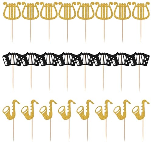 Wisebom 24 Stück Musik Noten Tortendeko, Glitzer Musik Cupcake Topper, Musikinstrument Cupcake Topper Musiknoten Silhouetten Cake Deko für Baby Shower Hochzeit Geburtstag Party Torten Dekorationen