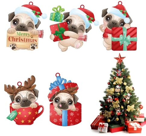 Anulely Weihnachtsmops-Ornamente - Hund Acryl hängen Flache 2D-Weihnachtsdekorationen - Mops Weihnachts-Rückspiegel-Anhänger aus Acryl für Fenster, Schlafzimmer, Türen, Weihnachtsbaum