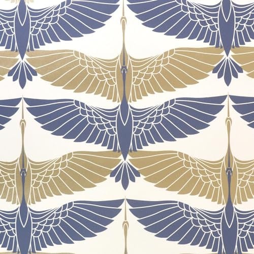 Oriental Cranes Navy Wallpaper - Metallic Gold Effect Modern Feature Contemporary - Trendy Stylish Paste The Wall