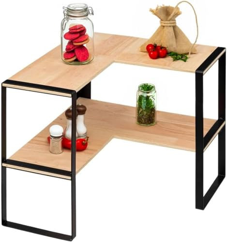 Avilia Mensola Scaffale Angolare Portaspezie Portaoggetti per Cucina a 2 livelli - in Legno Bambù Struttura in Metallo 40x40x35cm, Marrone e Nero