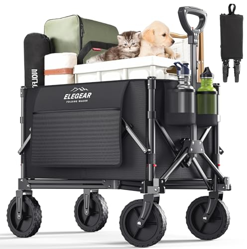 Elegear Festival Trolley Cart with Brake, 150L Folding Camping Trolley Wagon with All-Terrain Wheels, Heavy Duty Beach Wagon Pull Along Cart for Outdoor Picnic Fishing Garden and Transport, Black