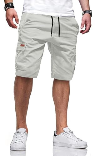 TARAINYA Cargo Kurze Hosen Herren Baumwolle Bermuda Sommer Chino Shorts Hose Herren Tunnelzug Elastische Taille mit 6 Taschen Grau 2XL