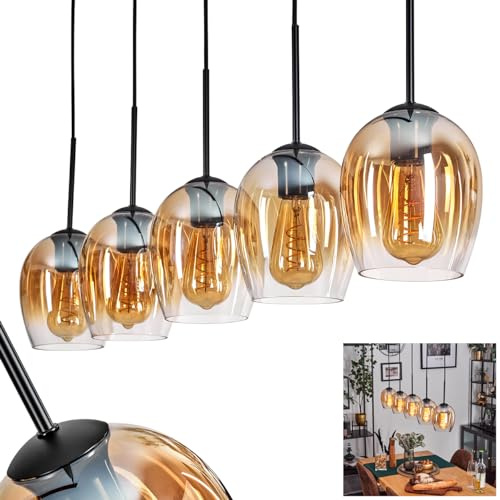 Pendelleuchte Vevino, Pendellampe aus Metall/Glas in Schwarz/Bernstein/Klar, Leuchte im modernen Retro/Vintage-Design mit Schirmen aus Glas (Ø 15 cm), Höhe max. 150 cm, 5 x E27, ohne Leuchtmittel