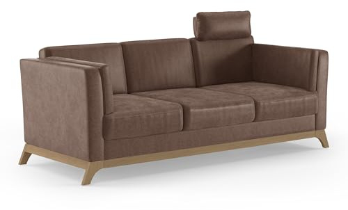 Cavadore 3er-Sofa Vida / 3-Sitzer Couch im trendigen Design mit massivem Holzrahmen in Buche, Kopfstütze mit Kuschelkissen / 213 x 84 x 93 / Mikrofaser, Hellbraun