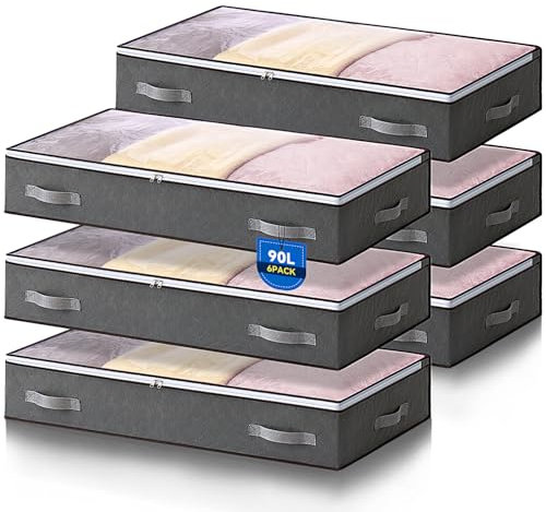 Boic 6 Pack Underbed Storage, 90l Underbed Storage Bags, Under Bed Storage Box With Lid, Underbed Storage Boxes Clothing Storage Bags With Reinforced Handle For Clothes Quilts Blankets Beddin