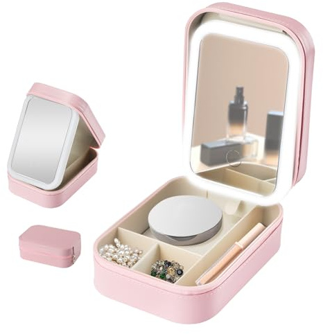 Travel Makeup Bag, Makeup Vanity Box with Mirror and Lights, Vanity Case with 4 Dividers Compartment for Women, 3 Colors Modes (Pink)