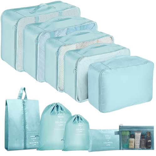 10 Stück Koffer Organizer, Packing Cubes, Packwürfel für Rucksack, Travel Organizer Packtaschen Set mit Kleidertaschen Schuhbeutel Wäschebeute Kosmetiktasche, Reise Gadgets-Blau