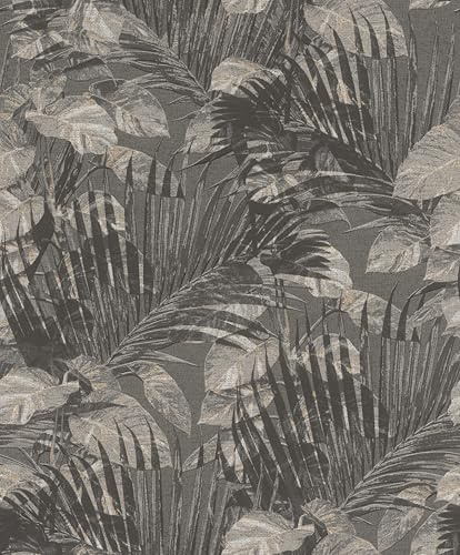Rasch SCHÖNER WOHNEN-Kollektion Vliestapete TROPICAL 600155 mit tropischen Blättern in Anthrazit - 10,05 m x 0,53 m