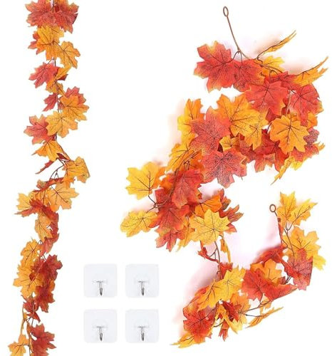 Herbstgirlande Künstliche, 2 Stück Herbst Girlande Blätter, Hängend Herbstgirlande Herbstblätter Girlande, 1.8m Ahornblätter Herbstdeko für Innen & Außen, Hochzeit Erntedankfest Party Kamin Halloween