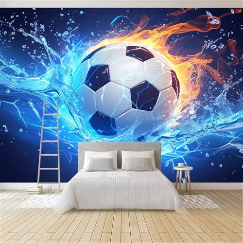 Papier Peint Panoramique Football De Feu D'Eau 350x256 cm Papier Peint Intissé Mural, Poster Geant Mural Impression 3D, pour Salon Chambre d'enfants restaurant Décoration Murale