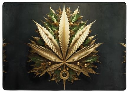 BROLEO Teppich, Motiv: Goldener Cannabis, Bildqualität, Wohnzimmer, Fußmatten, Läufer, 203,2 x 147,3 cm, weich