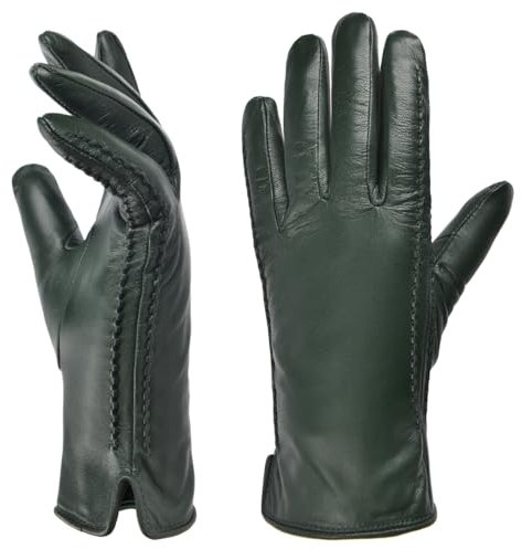 Harssidanzar HL001US Damen-Winterhandschuhe aus Lammfell, Leder, warm, mit Touchscreen, SMS, Grün , Small