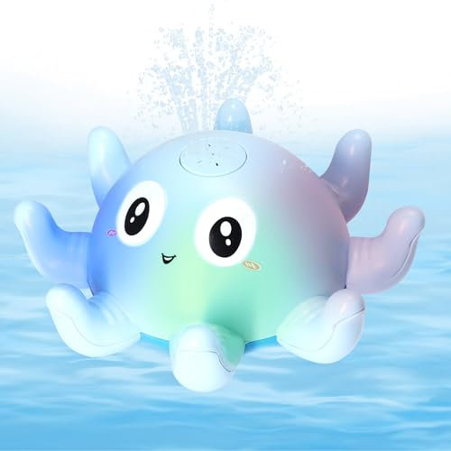ENUOLI Badespielzeug, LED Krake Wasserspielzeug Kinder Badespielzeug Krake Sprühwasserspielzeug Baby Badespielzeug Krake Induktion Wassersprühspielzeug (Blau)