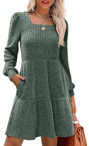 Akiooue Winter Dresses for Women, Dresses for Women UK Elegant Wedding Guest Dress Ladies Fall Winter Square Neck Mini Dress Green
