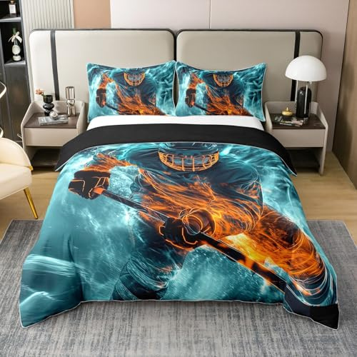 Eishockey 100% Baumwolle Bettbezug 135x200,Puck Hockey Smoky Fire Tröster Abdeckung für Schlafzimmer,Cool Athlete Ball Gedruckt Kinder Teens Weiche Bettwäsche Set,Blau Schwarz Sport Bettbezug