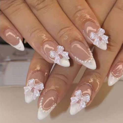 Goiern Lot de 24 faux ongles en forme d'amande acrylique avec design perlé, blanc, pointe française, réutilisables, longueur moyenne