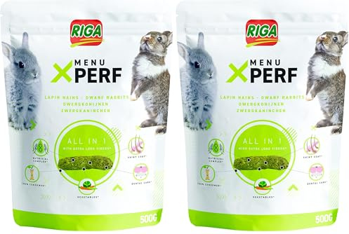 Riga - Menú X'Perf - Pienso para Conejos Enanos - Pellets extruidos - Linaza, Fibra y Verduras - Extractos de Yuca - Enriquecido con prebióticos - Ideal para un Pelaje Brillante - 500 g (Paquete de 2)