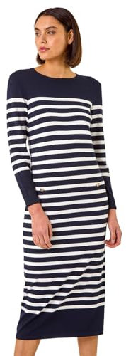 Roman Striped High Neck Knit Bodycon Midi Dress for Women UK - Ladies Autumn Everyday Winter Holiday Long Sleeve Soft Woven Fabric Comfy Office Frock Desk Gowns - Navy - Size 18
