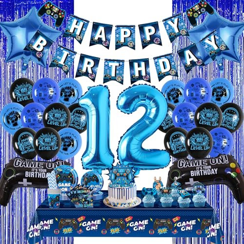 12th Birthday Decorations Banner Balloons - 110Pcs Video Game Party Supplies Set Include Fringe Curtain, Happy Birthday Cake Toppes Napkins Tablecloth Tableware for 12 Years Old Boys Kids