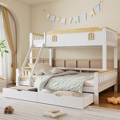 NQSLDM Litera de 90 x 200 y 140 x 200 cm con cajones y ventana, litera con escalera y protección anticaídas, marco de cama con somier, cama de almacenamiento para niños y jóvenes, color blanco